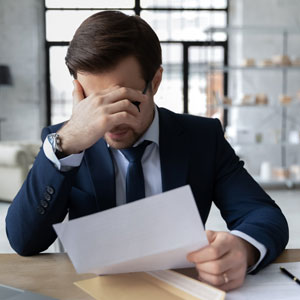 Stressed man with tax papers, needing to amend return.