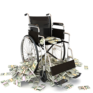 Wheelchair on a pile of cash, symbolizing the high cost of nursing homes and asset protection